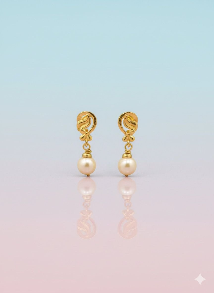 Gold-Plated 92.5 silver  Flower and Stem Pearl Drop Earrings